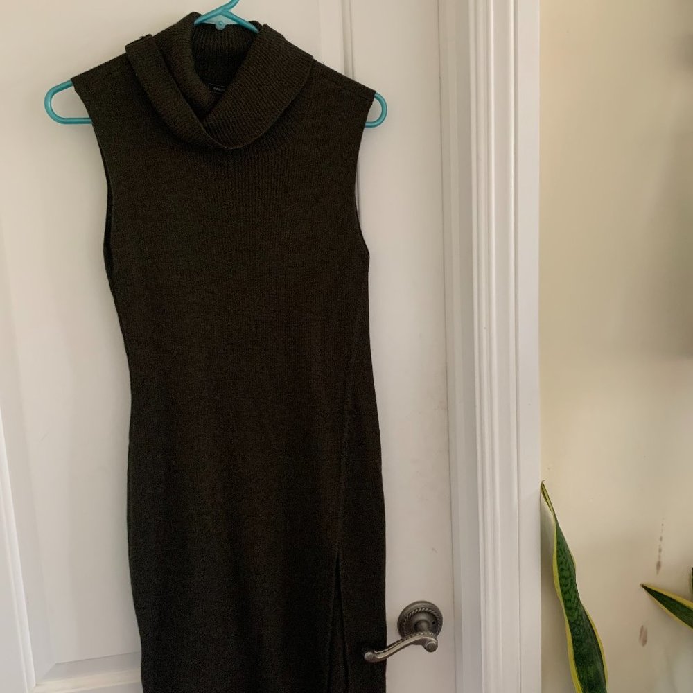 bcbgmaxazria dark olive sweater dress with slit